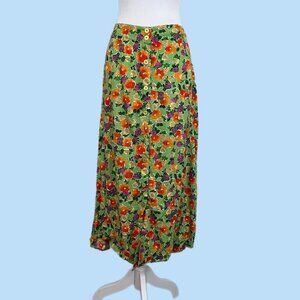 green multicolor floral vintage 90s preppy summer cottagecore button front midi